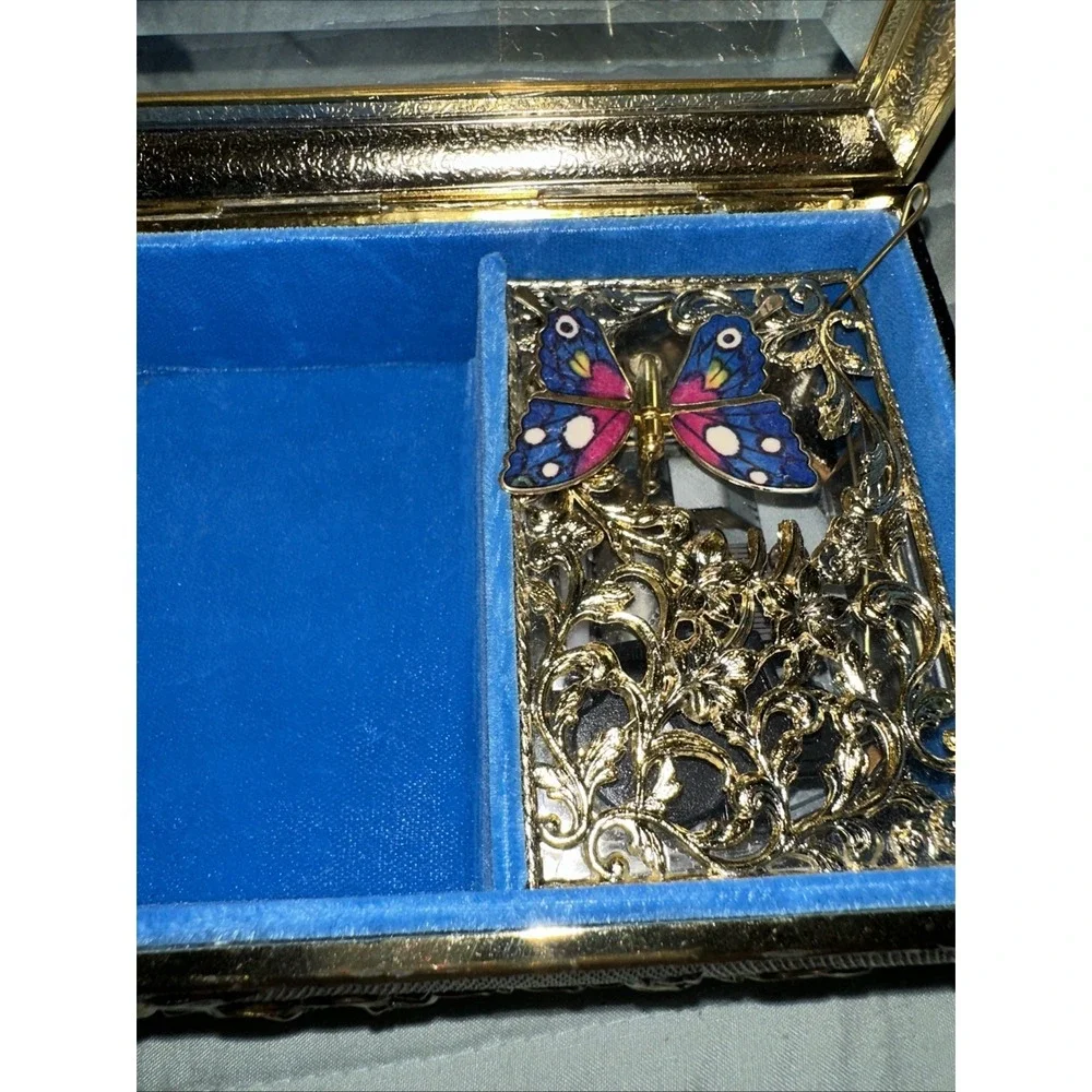 Vintage Westland Enamel Butterfly Automation Etched Music Jewelry Box JAPAN